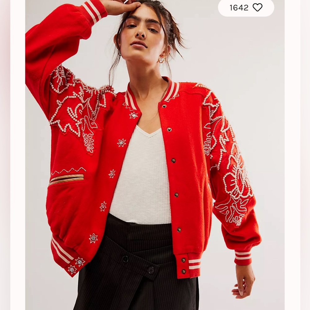 Free People Pretty In Pearls Bomber Jacket